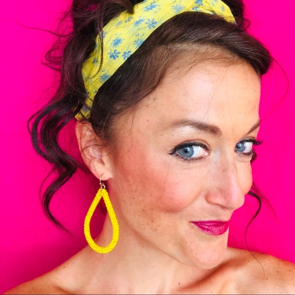 Yellow Beaded Hoop Teardrop Earrings - Picture 6 of 7